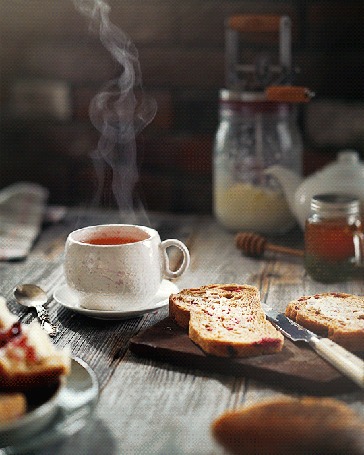 Анимация Чашка горячего чая на блюдце и нарезанный хлеб на столе, by daria khoroshavina