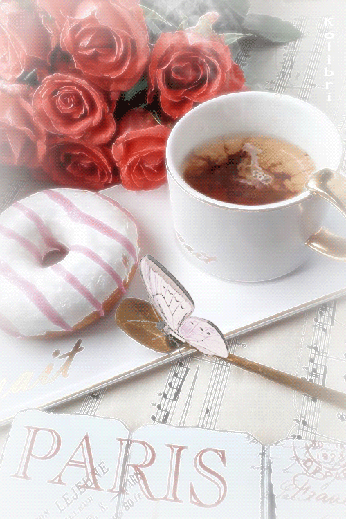 Анимация Кружка кофе, печенье, стоят на нотных листах, на фоне розовых роз и бабочки, (PARIS) BY Kolibri, гифка Кружка кофе, печенье, стоят на нотных листах, на фоне розовых роз и бабочки, (PARIS) BY Kolibri