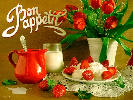 Анимация Красные тюльпаны в вазе, клубника со сметаной на фоне кувшина с ложкой, стакана молока, (Bon appetit), by Ольга П