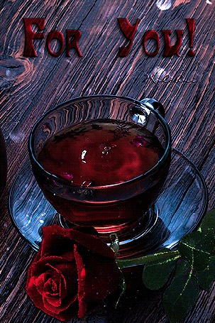 Анимация Чашка чая на блюдечке на фоне красной розы (For You!)