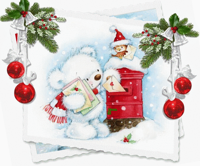 Анимация Белый медвежонок с пачкой писем кладет их в почтовый ящик на фоне птицы в новогодней шапочке, елочных шаров, гифка Белый медвежонок с пачкой писем кладет их в почтовый ящик на фоне птицы в новогодней шапочке, елочных шаров