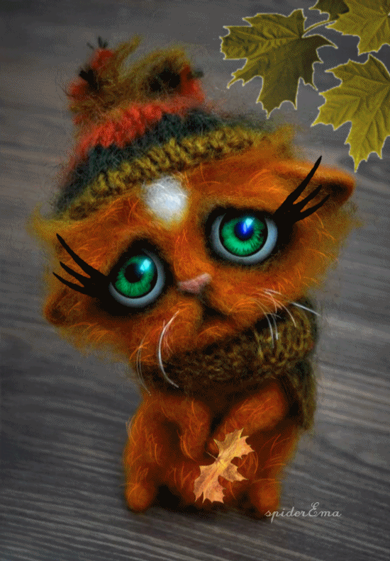 Анимация Грустный котенок с зелеными глазами держит в лапах осенний листок, by spiderEma, гифка Грустный котенок с зелеными глазами держит в лапах осенний листок, by spiderEma