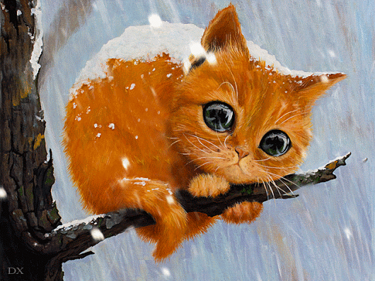 Анимация Рыжий котенок сидит на ветке дерева под падающим снегом, by DX, гифка Рыжий котенок сидит на ветке дерева под падающим снегом, by DX