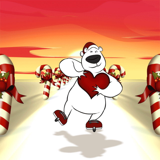 Анимация Белый медведь в новогодней шапочке и с сердечком в лапах, едет по дороге на роликах, гифка Белый медведь в новогодней шапочке и с сердечком в лапах, едет по дороге на роликах