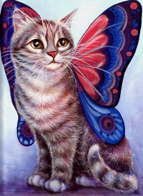 Анимация Кот в полоску с крыльями бабочки, by Anna Ze, гифка Кот в полоску с крыльями бабочки, by Anna Ze