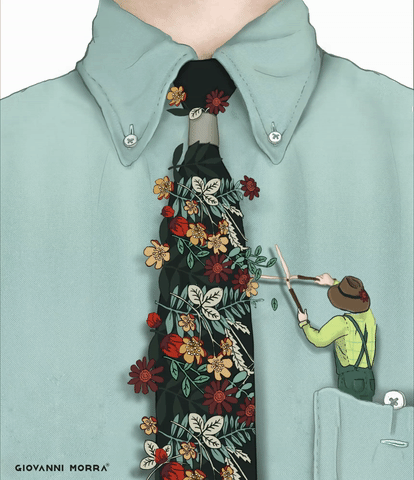 Анимация Мужчина, сидящий в кармане рубашки, срезает цветы с галстука, by Glovanni Morra, гифка Мужчина, сидящий в кармане рубашки, срезает цветы с галстука, by Glovanni Morra