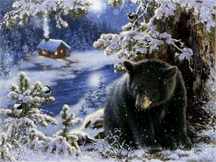 Анимация Медведь сидит под заснеженным деревом на фоне птиц, домика и падающего снега, by Mira, гифка Медведь сидит под заснеженным деревом на фоне птиц, домика и падающего снега, by Mira