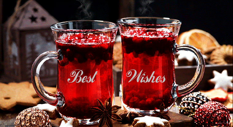 Анимация Две кружки с горячим чаем, елочные игрушки и печенье (Best Wishes), гифка Две кружки с горячим чаем, елочные игрушки и печенье (Best Wishes)