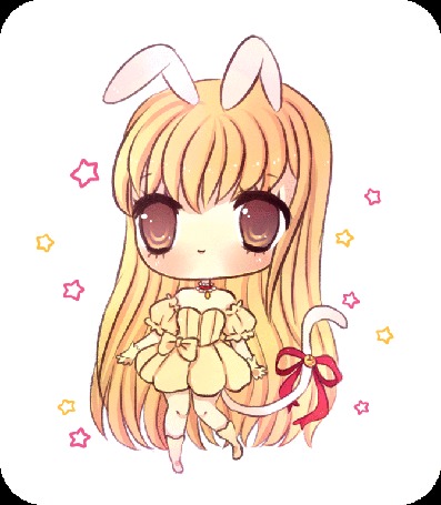 Анимация Чибик с кошачьими ушками и хвостом среди звезд, by mochatchi