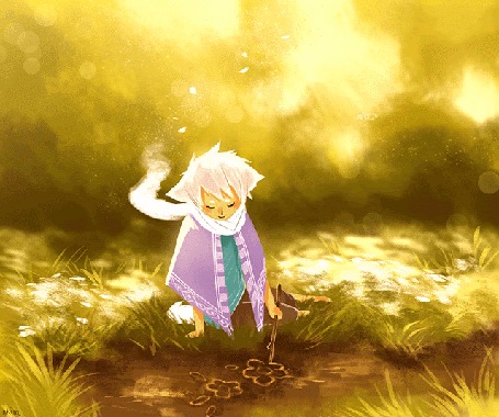 Анимация Мальчик-лис рисует цветы на земле, by nk-illustrates