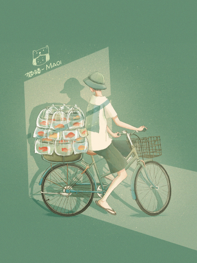 Анимация Мальчик в шляпе на велосипеде с рыбками, by Maoi, гифка Мальчик в шляпе на велосипеде с рыбками, by Maoi