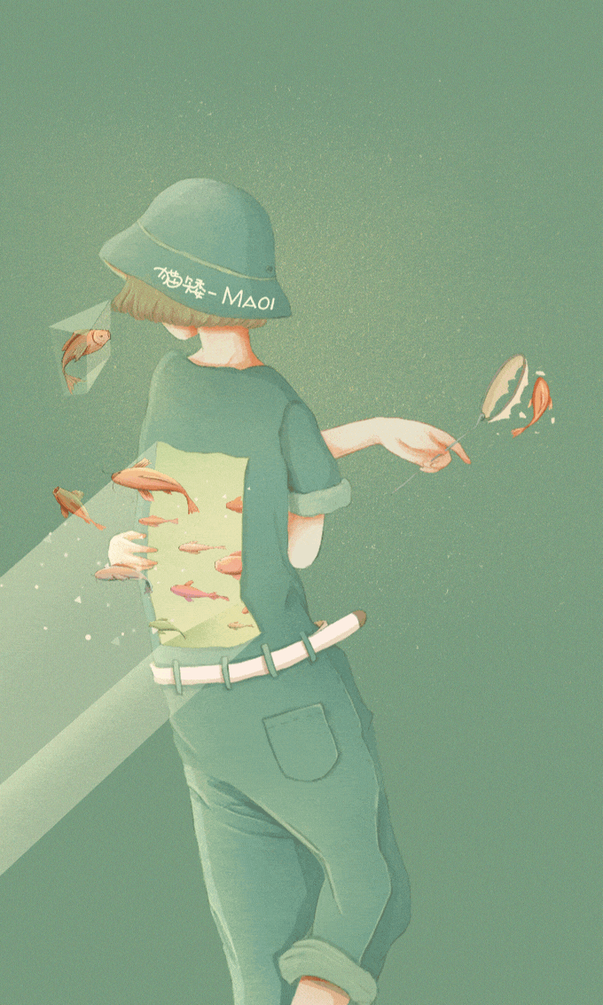 Анимация Мальчик в шляпе с рыбками, by Maoi, гифка Мальчик в шляпе с рыбками, by Maoi