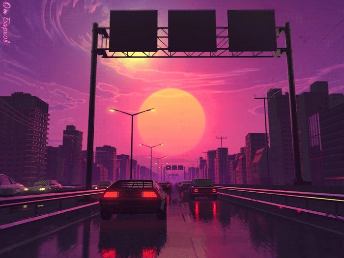 Анимация Авто едут по городской автомагистрали на закате солнца и всходящей луне, гифка Авто едут по городской автомагистрали на закате солнца и всходящей луне
