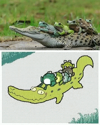 Анимация Лягушки едут верхом на крокодиле, гифка Лягушки едут верхом на крокодиле