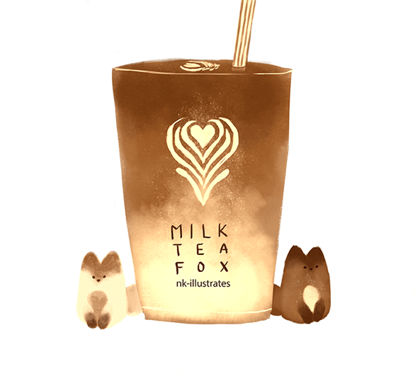 Анимация Две лисички сидят рядом со стаканом чая, by nk-illustrates (milk tea fox), гифка Две лисички сидят рядом со стаканом чая, by nk-illustrates (milk tea fox)