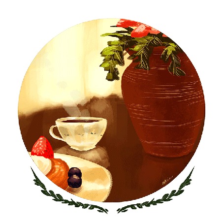 Анимация Горшок с цветами, чашка горячего чая и десерт стоят на столе, by nk-illustrates