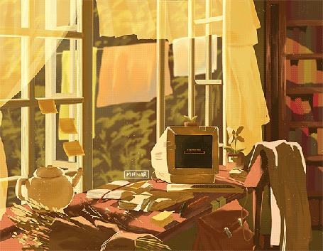 Анимация Стол с чайником и другими предметами стоит у открытого окна, by mienar