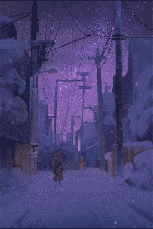 Анимация Девочки стоят на дороге вечернего города под снегопадом, by Denis Istomin
