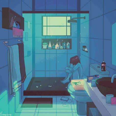 Анимация Девушка сидит под душем