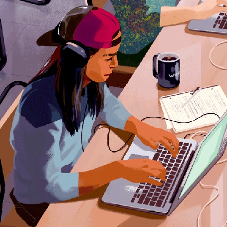 Анимация Парень в бейсболке работает на ноутбуке, by Rebecca Mock