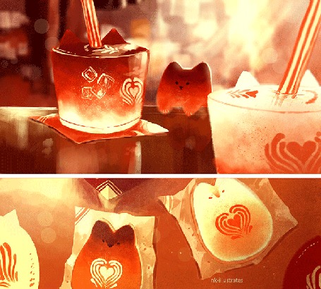 Анимация Лисичка смотрит на стакан чая со льдом, by nk-illustrates