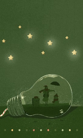 Анимация В загорающейся и тухнущей лампочке стоит девочка, которая держит в руке зонт над снеговиком, by Maoi