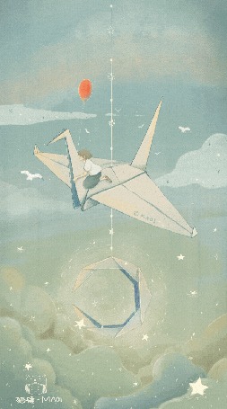 Анимация Девочка на птице-оригами с воздушным шариком парит в небе, by Maoi