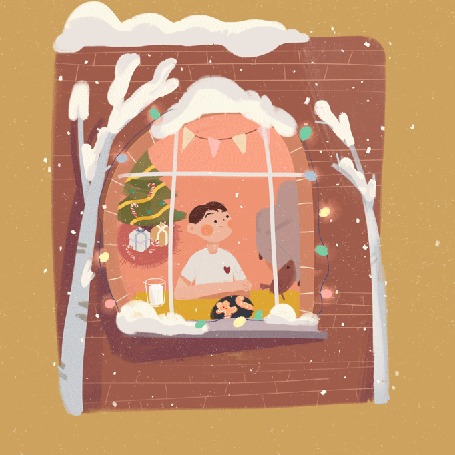 Анимация Мальчик сидит перед окном, за которым идет снег