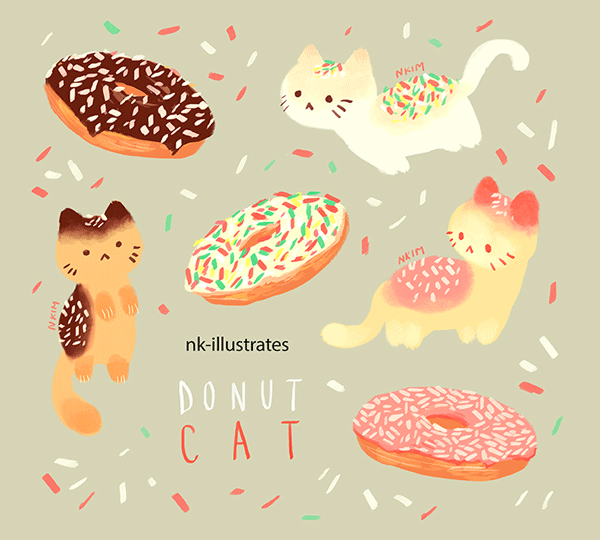 Анимация Котята и пончики, by nk-illustrates, гифка Котята и пончики, by nk-illustrates