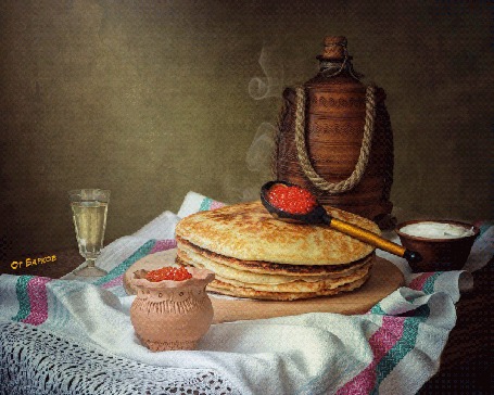 Анимация На столе стоят блины с икрой, сметаной и рюмкой водки (Гуляй Масленица), от Барков
