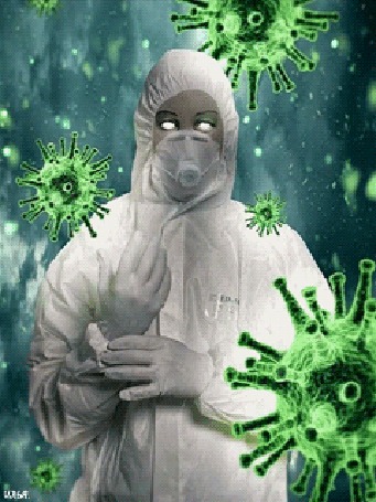 Анимация Изображенный на фоне с зелеными цветовыми оттенками и болезнетворных вирусных бактериях лаборант, одетый в белый защитный костюм и защитную дыхательную маску, By Илья