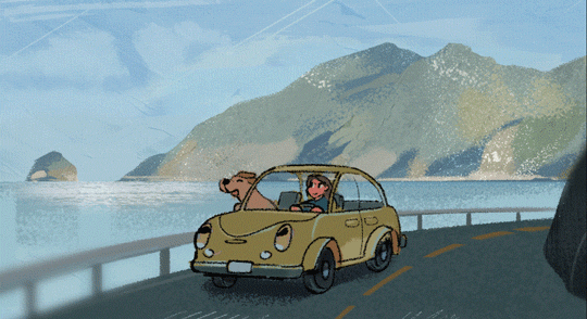 Анимация Человек с собакой едут в машине по дороге вдоль моря, гифка Человек с собакой едут в машине по дороге вдоль моря