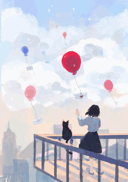 Анимация Девочка и кошка смотрят на воздушные шары в небе, гифка Девочка и кошка смотрят на воздушные шары в небе