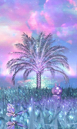 Анимация Пальма у моря на фоне облачного неба, by geyashvecova