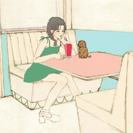 Анимация Девочка за столиком с трубочкой во рту, на котором сидит щенок