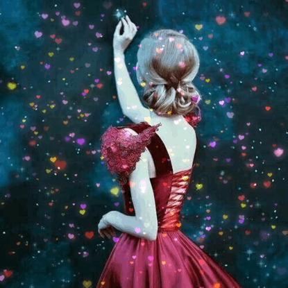 Анимация Девушка в бордовом платье дотрагивается до звезды, гифка
