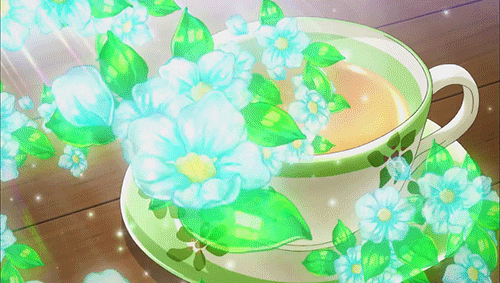 Анимация Чашка чая и цветы, гифка Чашка чая и цветы