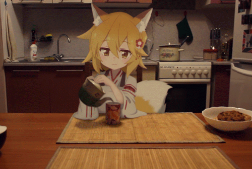 Анимация Сэнко / Senko-san из аниме Заботливая 800-летняя жена! / Sewayaki Kitsune no Senko-san наливает чай человеку, сидящему напротив, гифка Сэнко / Senko-san из аниме Заботливая 800-летняя жена! / Sewayaki Kitsune no Senko-san наливает чай человеку, сидящему напротив