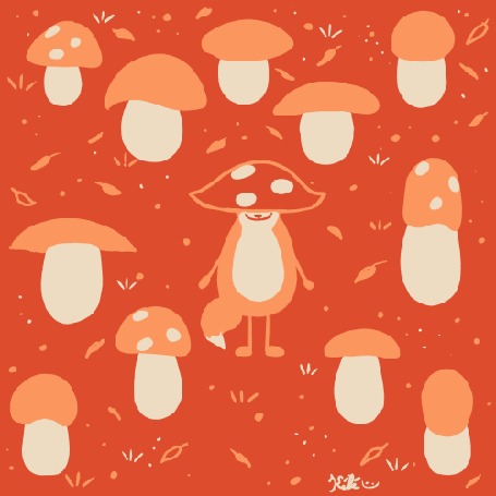 Анимация Лисичка-гриб танцует среди грибов