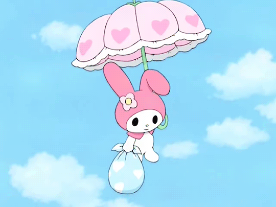 Анимация Котик в образе кролика спускается на зонтике, Моя Мелодия / My Melody из аниме Пожалуйста, Моя Мелодия / Onegai My Melody, гифка Котик в образе кролика спускается на зонтике, Моя Мелодия / My Melody из аниме Пожалуйста, Моя Мелодия / Onegai My Melody