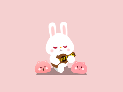 Анимация Белый кролик играет на музыкальном инструменте, сидя между розовыми чудиками, гифка Белый кролик играет на музыкальном инструменте, сидя между розовыми чудиками