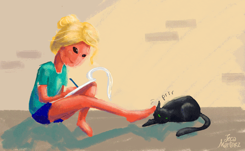 Анимация Девушка с ручкой и блокнотом в руке сидит перед черной кошкой, гифка Девушка с ручкой и блокнотом в руке сидит перед черной кошкой