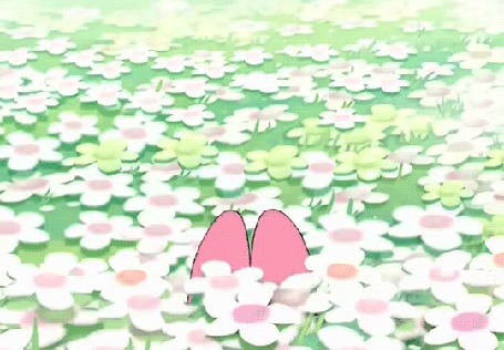 Анимация Котик в образе кролика среди цветов, Моя Мелодия / My Melody из аниме Пожалуйста, Моя Мелодия / Onegai My Melody