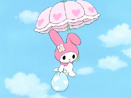 Анимация Котик в образе кролика спускается на зонтике, Моя Мелодия / My Melody из аниме Пожалуйста, Моя Мелодия / Onegai My Melody