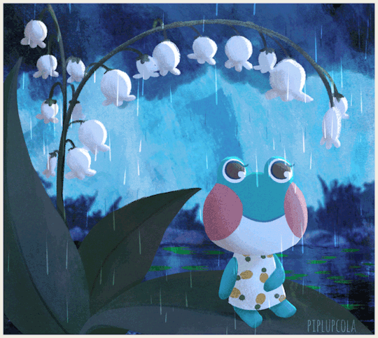 Анимация Лягушка стоит у ландыша под дождем, гифка Лягушка стоит у ландыша под дождем
