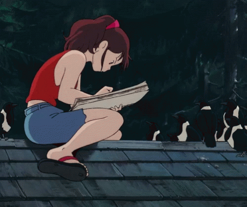 Анимация Кики / Kiki из аниме Ведьмина служба доставки / Kiki’s Delivery Service сидит на крыше и рисует, гифка Кики / Kiki из аниме Ведьмина служба доставки / Kiki’s Delivery Service сидит на крыше и рисует