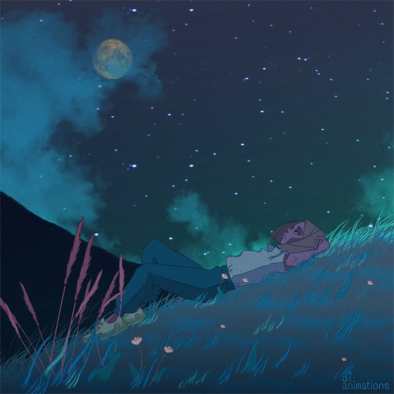 Анимация Девушка лежит на траве под ночным звездным небом, гифка Девушка лежит на траве под ночным звездным небом