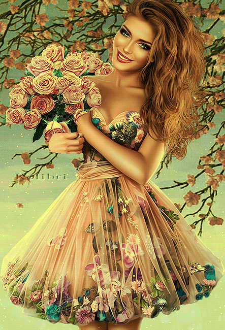 Анимация Девушка с букетом роз в руках, гифка Девушка с букетом роз в руках