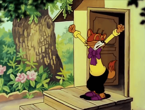 Гиф анимация Кот стоит на крыльце и потягивается, мультфильм Лето кота  Леопольда