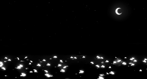 Анимация Рыбки над водой под ночным небом, гифка Рыбки над водой под ночным небом